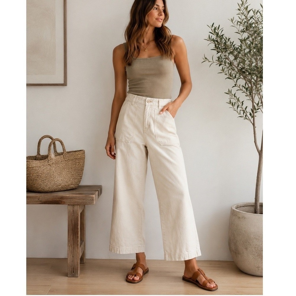 Masscob Mid Rise Wide Leg Crop Jeans Ivory Cream Utility Pockets